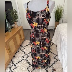 Vintage Floral Patterned Black Midi Dress